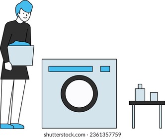 The boy is washing clothes in the washing machine.