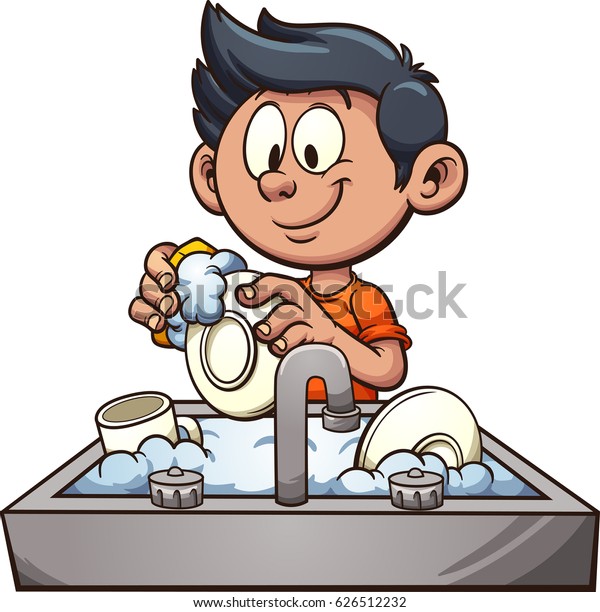 皿を洗う少年 簡単なグラデーションを持つベクタークリップアートイラスト 別々の画層上の一部のエレメント のベクター画像素材 ロイヤリティフリー