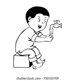 Boy washing hand for wudhu, cleaning body before prayer in Islam. Cartoon Isolated on white background. Black and White simple line Vector Illustration for Coloring Book - Handrawn Drawn Vector.