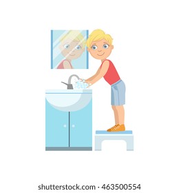 Boy Washing Hands In Bathroom Tap