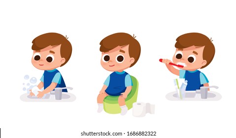 Boy washing hands. Boy brushing teeth. Boy sitting in toilet.