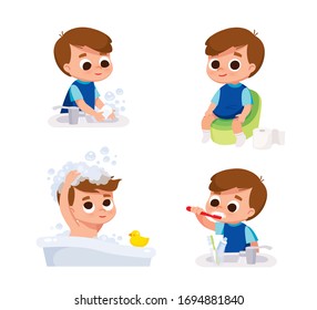 Boy washing hands. Boy washing head. Boy brushing teeth. Boy with potty.