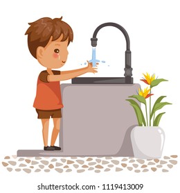 boy washing hands. Side view of children standing at the sink. little boy washing his hands in the bathroom. Vector cartoon illustrations isolated on white background.