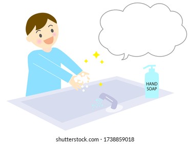 boy washing hands and speach bubble illustration, vector