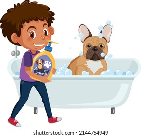 A boy washing her french bulldog illustration