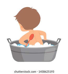 Boy Washing Himself with Brush in Vintage Bathtub Full of Foam, Back View, Adorable Little Kid in Bathroom, Daily Hygiene Vector Illustration