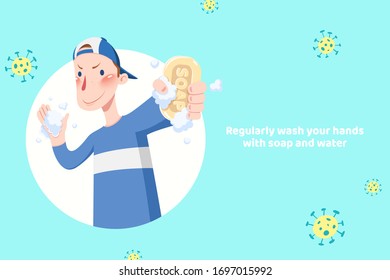 Niño lavándose las manos con jabón para evitar la propagación del coronavirus, fondo azul menta ilustración de prevención COVID-19