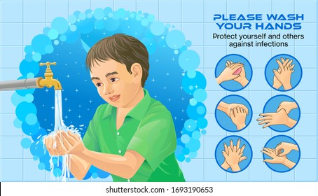 A boy washing his hands under a tap water. Infographics of proper procedure to wash hands with gestures.