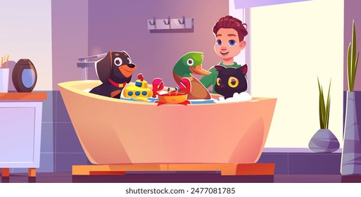 Niño lavando mascotas en el baño. Ilustración de dibujos animados de Vector de niño feliz cuidando al cachorro, gatito, pato, juguete submarino y cangrejo en baño espumoso, amigos que se divierten juntos en casa, adopción de animales