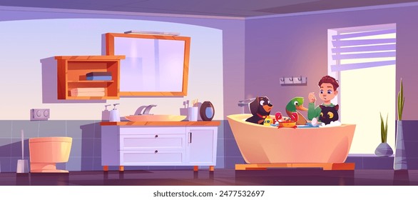 Niño lavando mascotas en el baño. Ilustración de dibujos animados de Vector de niño feliz cuidando al cachorro, gatito, pato, juguete submarino y cangrejo en baño espumoso, amigos que se divierten juntos en casa, adopción de animales