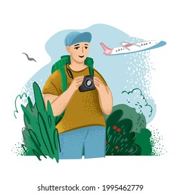Boy watches the plane flying against the sky with camera. Plane spotting in wild nature. Banner concept about an aviation hobby. Man dreams of traveling by plane. Cartoon Vector illustration.