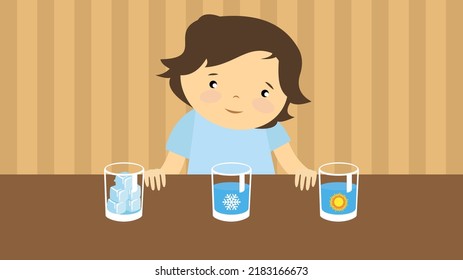 Boy watching glasses with ice, cold and warm water