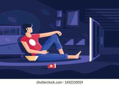 Boy watching movie at home vector illustration. Relaxed man sitting in big room in front of modern television screen at night. Chilling male enjoying cinema evening flat style concept