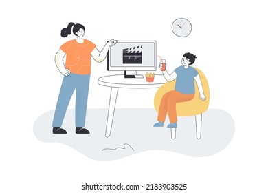Boy watching movie on computer and eating fast food. Mother disapproving sons actions flat vector illustration. Parenthood, family, recreation concept for banner, website design or landing web page