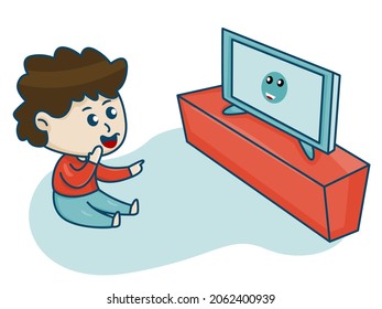 Boy watching television, cute cartoon pictures watching television as entertainment, children enjoy watching tv programs 