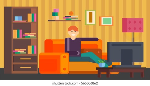 Boy watching television. A set of furniture for the interior of the living room: sofa, wardrobe, TV, desk, lamp,window.In modern orthogonal design. Vector illustration.