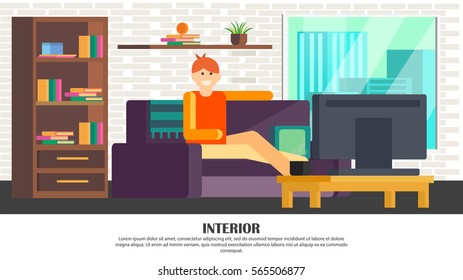 Boy watching television. A set of furniture for the interior of the living room: sofa, wardrobe, TV, desk, lamp,window.In modern orthogonal design. Vector illustration.