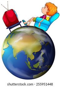 A boy watching TV above the planet on a white background
