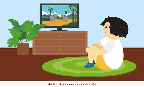 Niño viendo televisión en casa. Ilustración vectorial al estilo de las caricaturas planas.