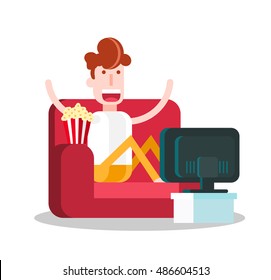 Boy Watching TV on a Sofa. Isolated Flat Vector Illustration.