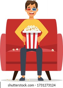 Boy watching TV with popcorn on the sofa isolated on white background. Cinema time. Home movie watching concept. Vector stock