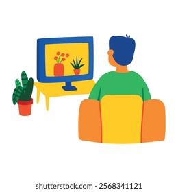 A boy watching tv shows, flat illustration