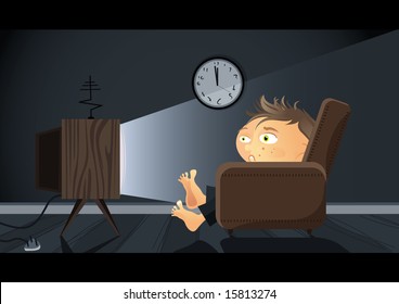 A Boy Watching TV At Two Minutes To Twelve At Night. Vector Illustration