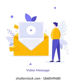 Boy watching video message in envelope. Concept of multimedia file sent via email, online messenger or internet application for instant messaging. Modern flat vector illustration for poster, banner.