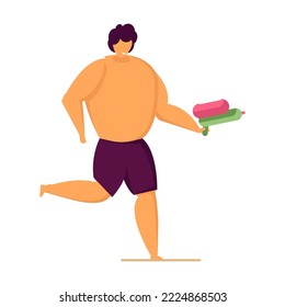Niño con pistola de agua divirtiéndose en la playa. Niño jugando con pistola de agua ilustración plana vectorial. Verano, infancia, concepto de vacaciones para banner, diseño de sitios web o aterrizaje