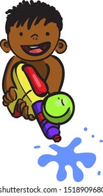Niño con pistola de agua, ilustración, vector sobre fondo blanco.