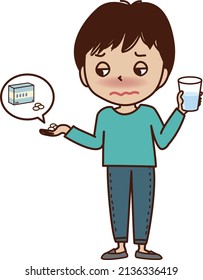 A boy with water and medicine.