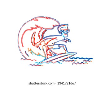 Boy water skiing 3d Color line art ( RGB ) vector illustration.