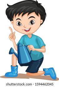 Boy with watering can on isolated background illustration