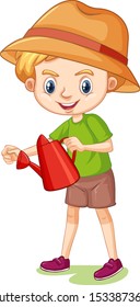 Boy with watering can on white background illustration