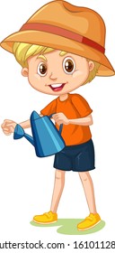 Boy with watering can on white background illustration
