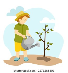 Boy with watering can plants and waters tree . Gardening concept vector illustration