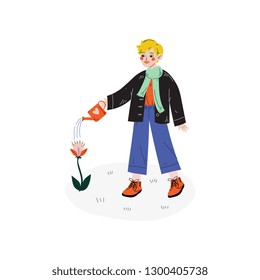 Boy Watering Flower with Watering Can, Kids Spring or Summer Outdoor Activity Vector Illustration