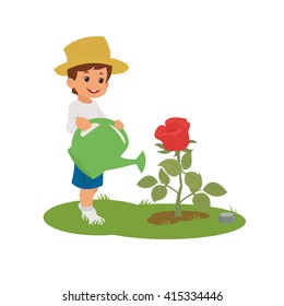 Boy watering the flower. child care for flowers. vector