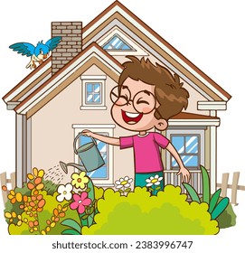Boy watering flowers in front of the house. Vector clip art illustration.