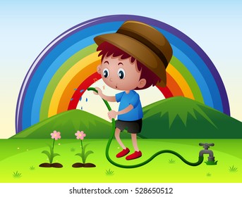 Boy watering flowers in garden illustration