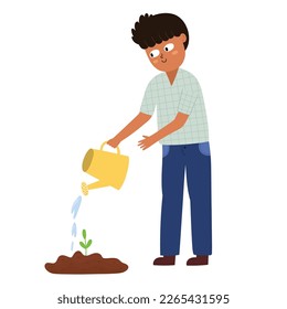 Boy watering plant. Little farmer doing gardening work. Planting season concept. Vector illustration