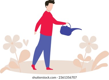 The boy is watering the plants.