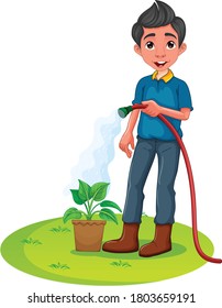 Un dibujo gráfico vectorial de BOy Watering The Plants