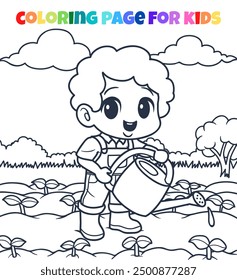 The boy is watering plants in the garden outline coloring page illustration