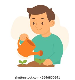  A boy is watering plants with an orange watering can. The boy is taking care of small green seedlings in soil.