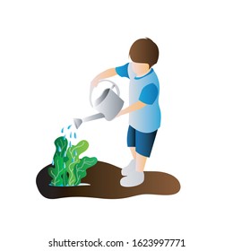 a boy watering plants vector illustration