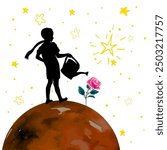 The boy is watering a rose. The Little Prince. hand drawing. Not AI Vector illustration.