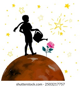 The boy is watering a rose. The Little Prince. hand drawing. Not AI Vector illustration.