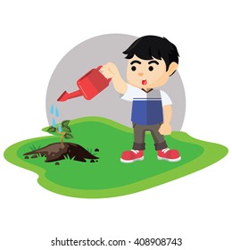 Boy watering tree