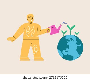 Niño regando árbol en el planeta tierra. Concepto ecológico. Ilustración vectorial colorida  
